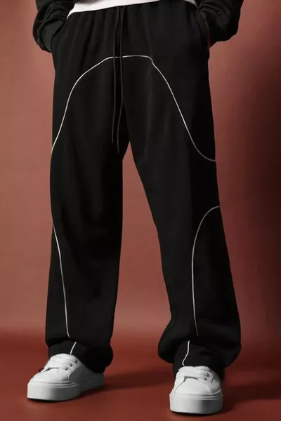 سروال رياضي رجالي أسود موسمي بجيب جانبي، قصّة واسعة، خيط مزدوج، قياس كبير