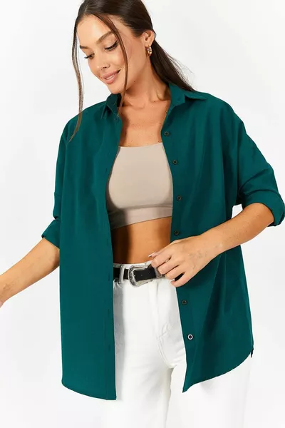Camicia lunga basic oversize donna verde scuro 