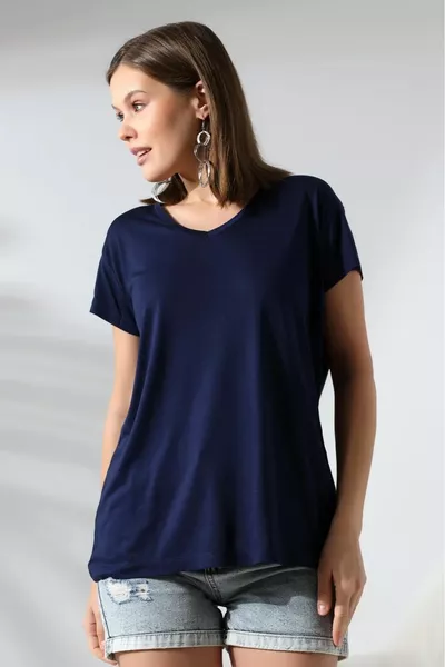 % Baumwolle, hochwertige dunkelblaue V-Ausschnitt Damen Basic T-Shirt, gestricktes Baumwolljersey