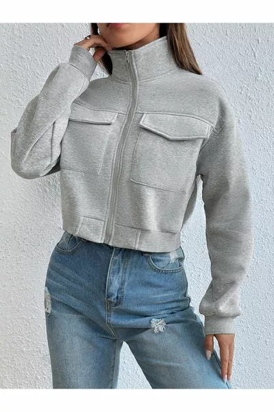 Kadın Dik Yaka Cepli Gri Crop Ceket - Sweatshirt Hırka