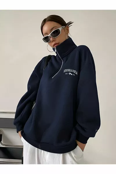 Nemaska Bedrucktes Oversize-Unisex-Sweatshirt mit Stehkragen und Reißverschluss