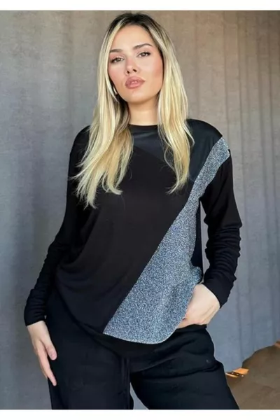 Kadın Önü Simli Deri Detaylı Şık Bluz