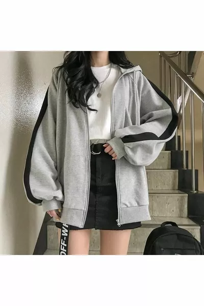 Harajuku Grey Unisex Cardigan with Black Stripes