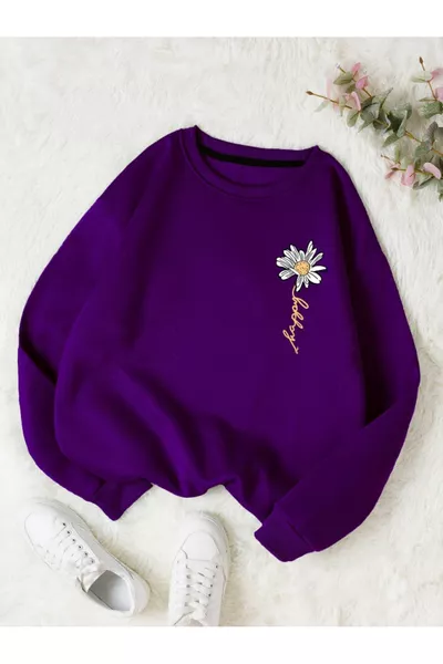 Women's HAPPY Daisy Special Colored Oversized Crew Neck Cotton Sweatshirt