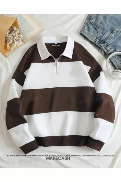 Felpa con collo a polo mezza zip marrone e bianca a blocchi di colore, tessuto che non scolorisce