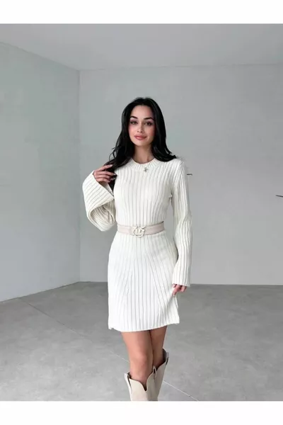 Женское платье из трикотажа с воротником-стойкой, расклешенное, мини, в рубчик, зимнее, 