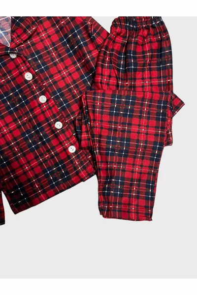 Girls' Cotton Suede Fabric Red Plaid Button-Up Long Sleeve Pajama Set