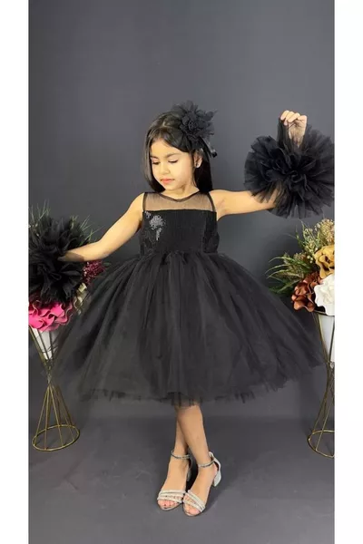 فستان سهرة للأطفال البنات أسود، تنورة منفوشة، تول، بأكمام مكشكشة وزينة بالترتر والخرز