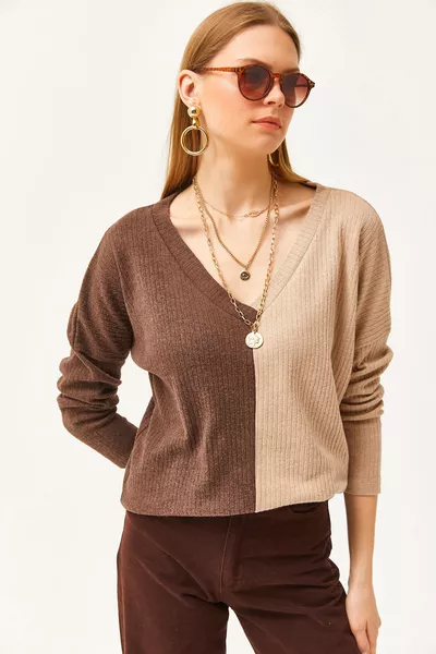 Дамска Блуза Camel с блоково каре и разкроена с шал 