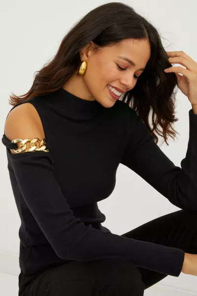 Maglia Donna Nera con Spalle Scoperte e Catena 