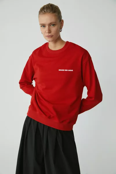 Modest Sandra Dames Sweatshirt van Katoen met Fleecevoering, Zachte Bedrukte Ronde Hals, Comfort, Rood