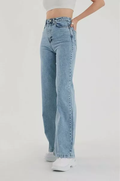 Snow Blue High-Waist Loose Pants, Wide-Leg Pants, Baggy Leg Washed Palazzo Jeans