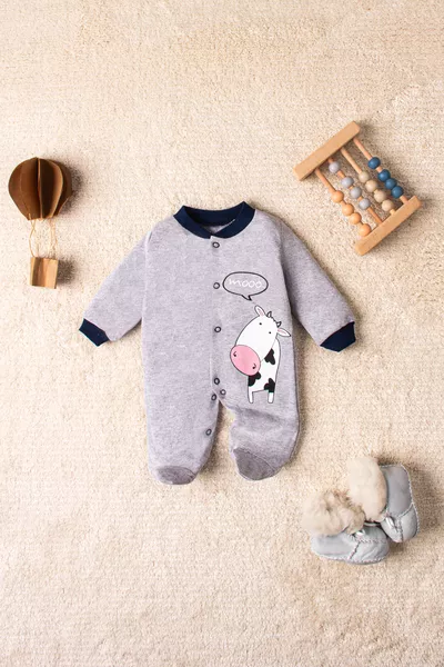 3-teiliges Babystrampler-Set mit Druckknöpfen in Weiß mit Lamm- und Kuhmuster