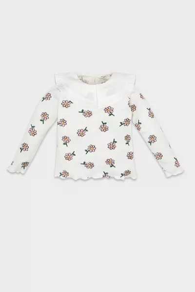 Mädchenbaby Langarm-T-Shirt mit großer Kragenblume aus Rippstrick NS