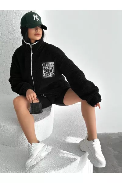 Closed Nakışlı Polar Peluş Hırka Ceket Unisex Oversize