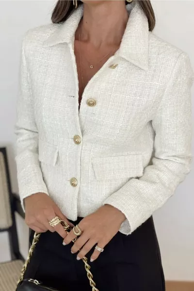 Women's White Tweed Fabric Lined Short Jacket