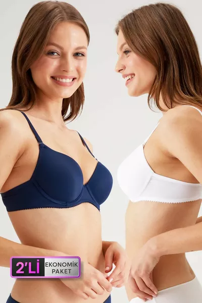 Set di 2 Reggiseni Micro Tshirt Push Up Economico  Bianco Blu Navy con Ferretto (con Spalline Rimovibili)