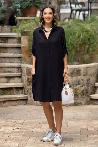 Черное платье-рубашка миди из % хлопка