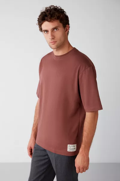 Joel Erkek % Organik Pamuklu Kalın Kumaşlı Özel Dokulu Etiket Detaylı Oversize Bordo T-shirt