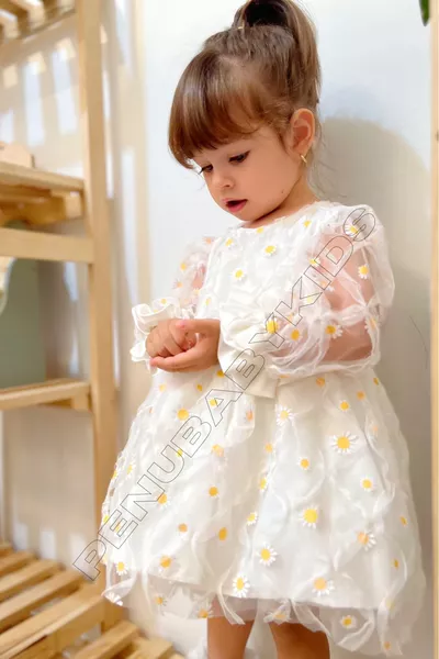 فستان طويل الأكمام للفتيات الرضع والفتيات الصغار من التول بنقشة بابونج أبيض - إليسا