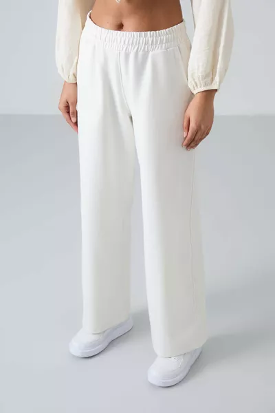 Beiger Damen-Jogginghose mit hoher Taille, Taschen, bequemer Passform und weitem Bein - 