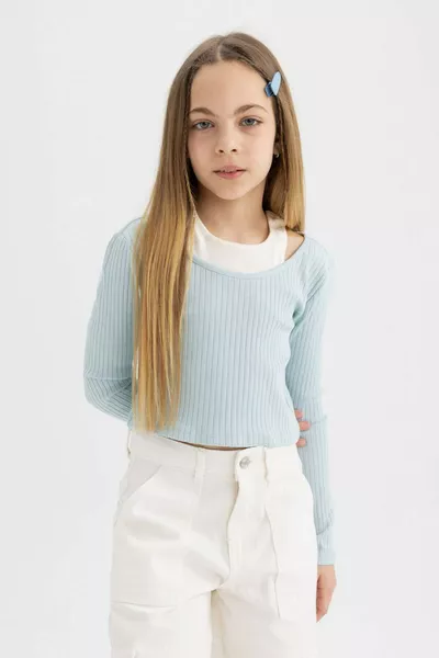 قميص طويل الأكمام للفتيات، بقصة ضيقة، ياقة دائرية، قماش مضلع، رقم المنتج SP