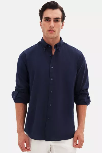 Ds Damat Comfort Lacivert Düğmeli Yaka Rahat Kesim Keten Görünümlü % Pamuk Gömlek