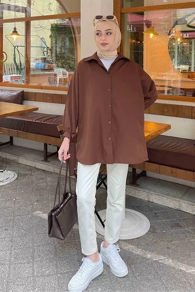Shirt with Sleeve Details Oversized Shirt Dark Brown