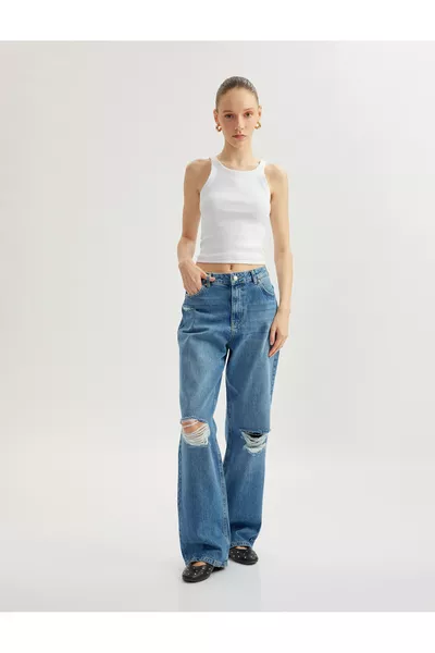 Jean en denim en coton à taille haute avec détails usés - Jean droit