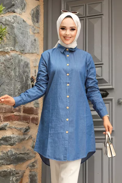 Buttoned Navy Blue Modest Denim Tunic L