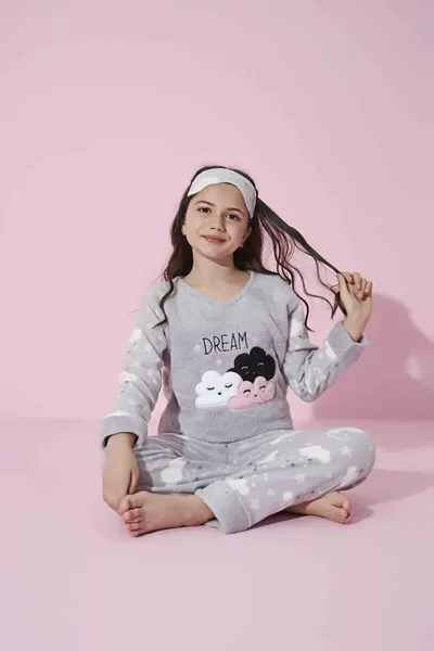 Girl Teen and Child Cloud Pattern Long Sleeve Fleece Plush Winter Warm Pajama Set