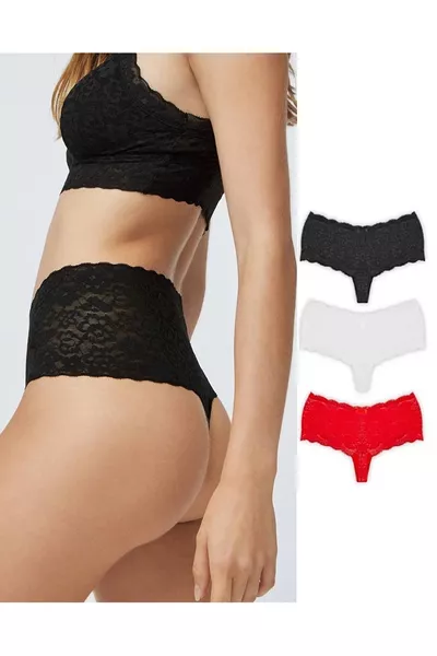 Damesstring met hoge taille en kant, 3 stuks