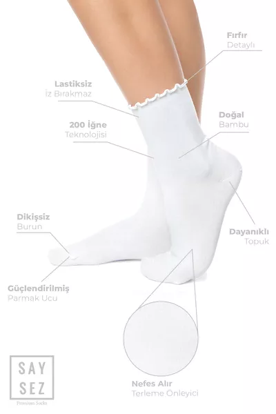 Calze da donna senza elastico bianche in bambù con volant, senza cuciture, confezione da 3 / Non lascia segni / Non stringono