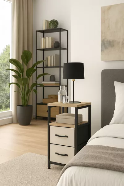 منظم غرفة النوم بطاولة جانبية معدنية مع درج جلدي ورفان