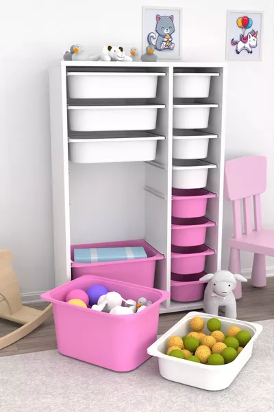 خزانة ألعاب متعددة الاستخدامات مع سلة من رين، وردي وأبيض
