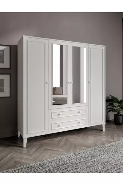 خزانة/دولاب مدريد 4 أبواب، مزودة بمرايا، بها  رفوف  درج (% MDF)