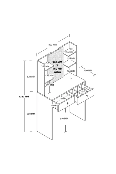 Coiffeuse blanche brillante avec miroir et 2 tiroirs, CM