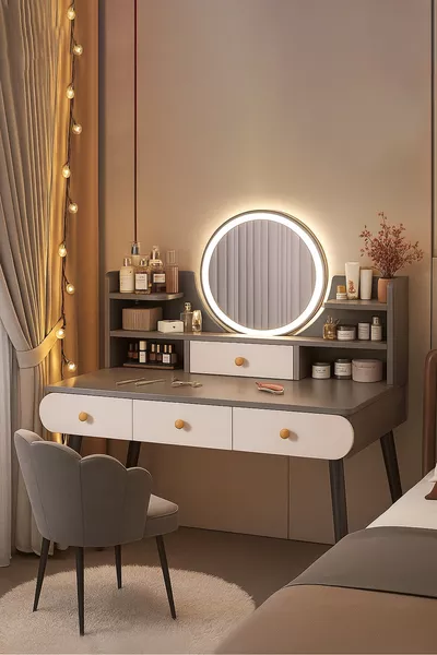 Coiffeuse moderne avec miroir rétroéclairé LED en MDF de qualité 1ère classe, table de toilette (G)