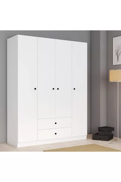 Mobilya 4 Kapak 2 Çekmeceli Gardolap Beyaz