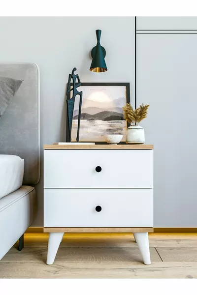 Marbella Nachtkastje Glanzend Wit-Bruin Houten Nachtkastje met Lade Slaapkamer