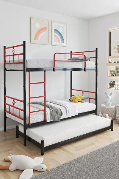 سرير بطابقين معدني أحمر متوافق مع السرير للأطفال الثلاثة كوزا