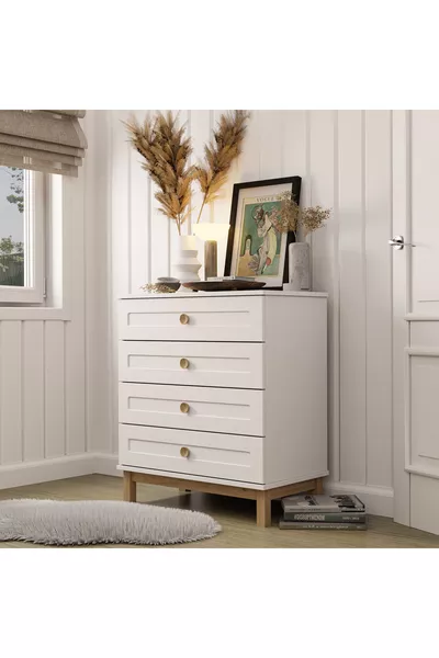  Desa 4 Çekmeceli Membran Kapaklı Teleskopik Raylı (MDF Profil Ayaklı) Şifonyer Beyaz - Sepet