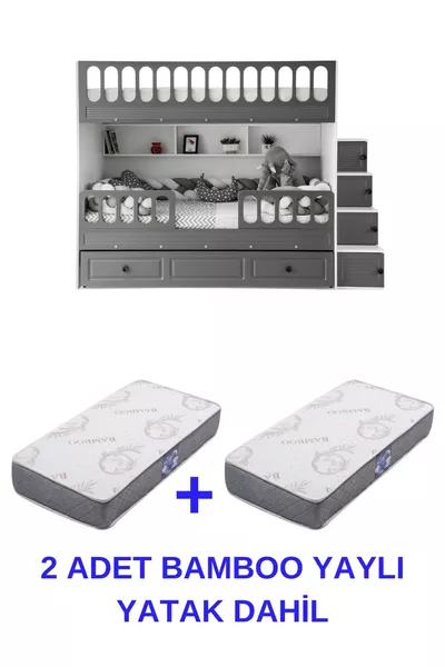 سرير بطابقين مع ستائر / يشمل مرتبتين مرنتين من البامبو / التركيب مجاني