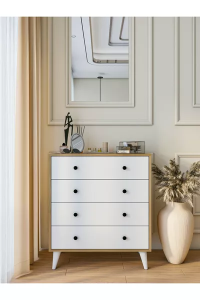 خزانة ماربيلا بلون أبيض لامع وبني، بأربعة أدراج، خزانة ريفية خشبية