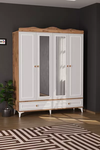 Nova Wardrobe with 4 Doors, 2 Drawers, and Mirror in Atlantic Pine