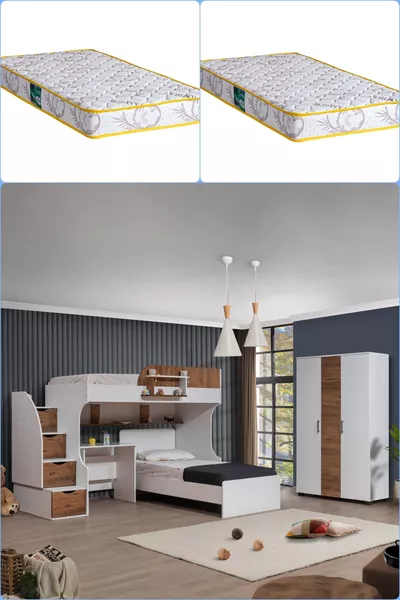 Bunk Bed, Aura Bunk Bed Bed Frame Desk 3-Door Wardrobe + 2 Comfort Mattresses