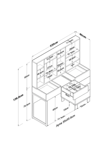 منضدة تجميل مع درج بغطاء ومرآة، ومنظم مجوهرات مع خطاف، باللون الأبيض