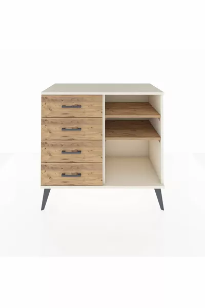 خزانة هايبريون مع رفين وأربعة أدراج، لون حجر القمر والصنوبر