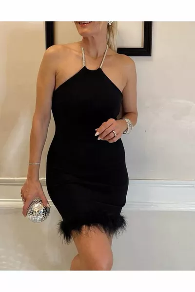 أسود أفخم ريشة مفصلة اللباس الأسود سكوبا النسيج مساء اللباس