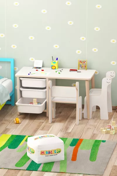 Set Tavolo e Sedie per Bambini - Scrivania da Lavoro per Bambini con 3 Cestini, Tavolo Attività, Lavabile, Sedie Dino Doppie